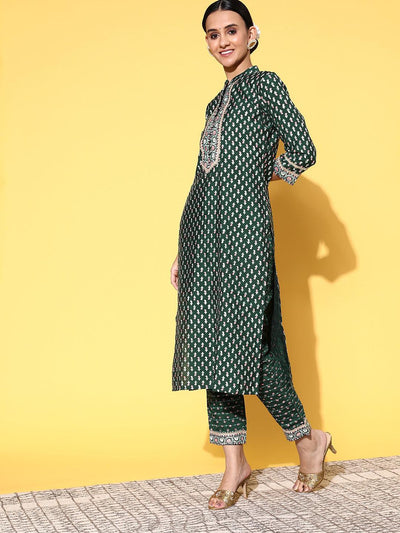 Green Printed Silk Blend Suit Set With Trousers - Libas