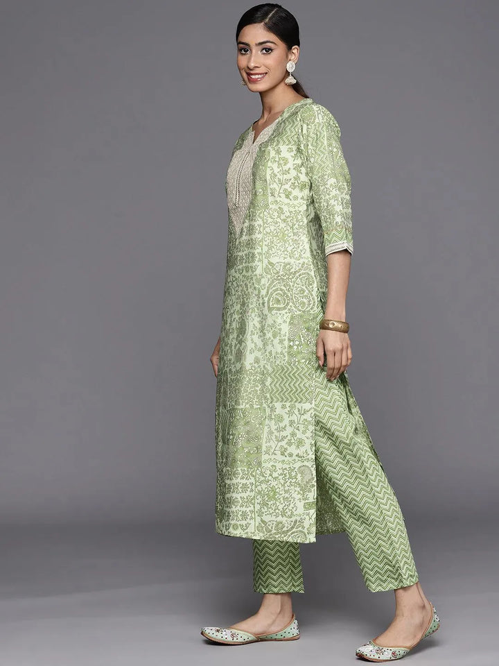 Green Printed Silk Blend Straight Suit Set With Trousers - Libas