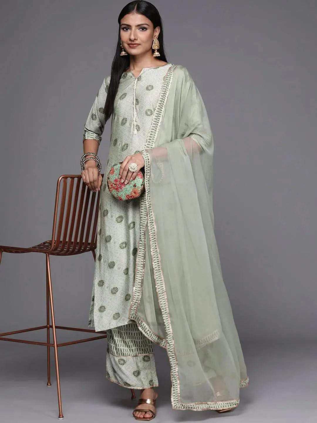 Green Printed Silk Blend Straight Suit Set - Libas