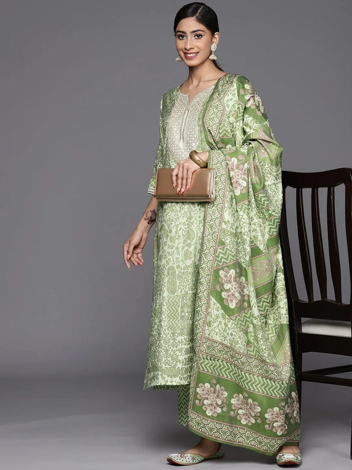 Green Printed Silk Blend Straight Suit Set With Trousers - Libas