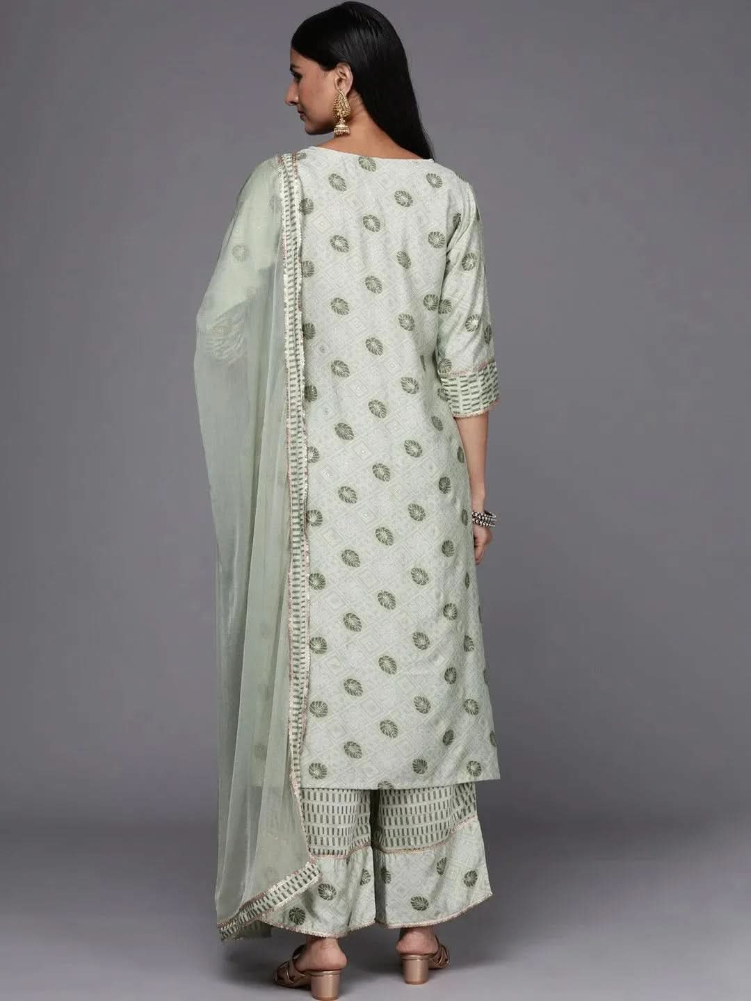 Green Printed Silk Blend Straight Suit Set - Libas 