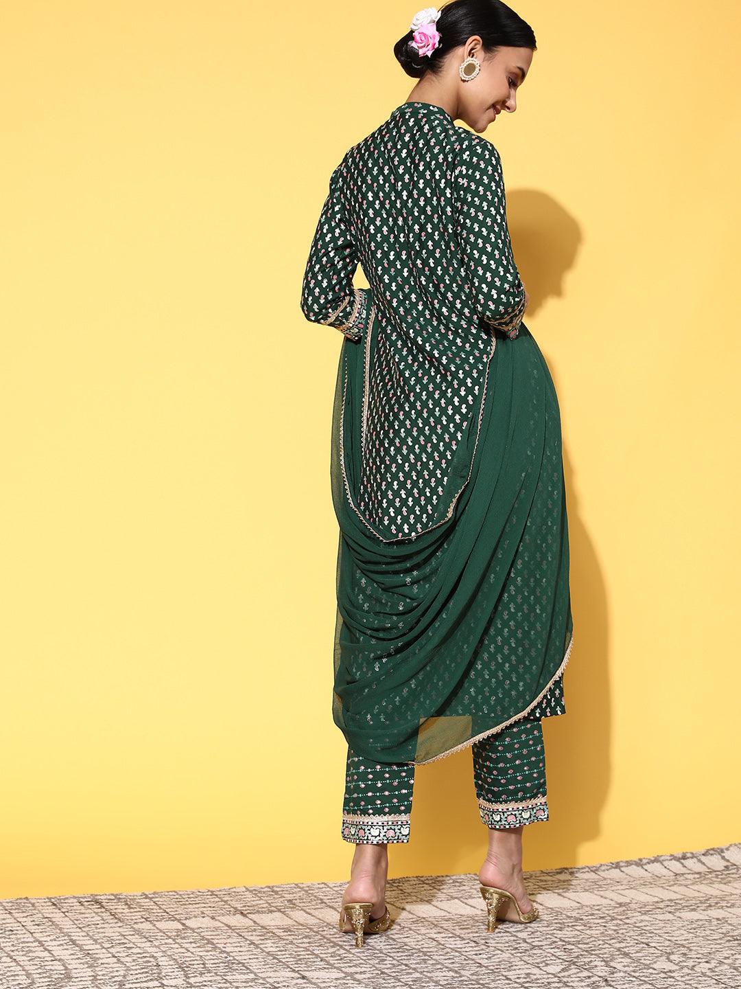 Green Printed Silk Blend Suit Set With Trousers - Libas