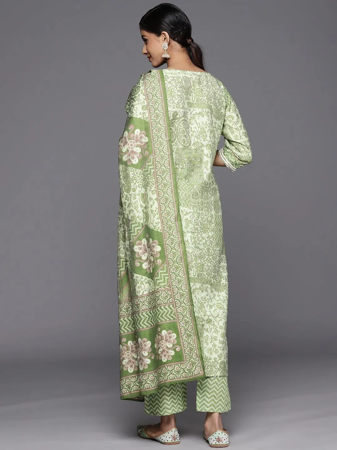 Green Printed Silk Blend Straight Suit Set With Trousers - Libas