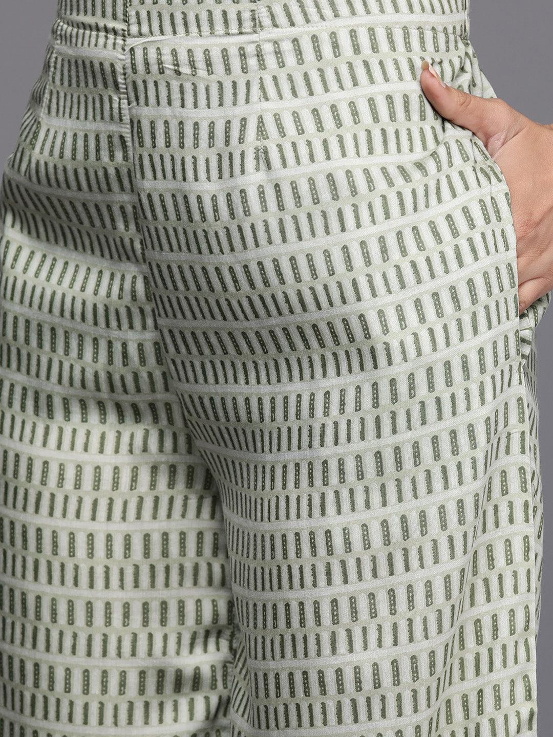 Green Printed Silk Blend Straight Suit Set - Libas