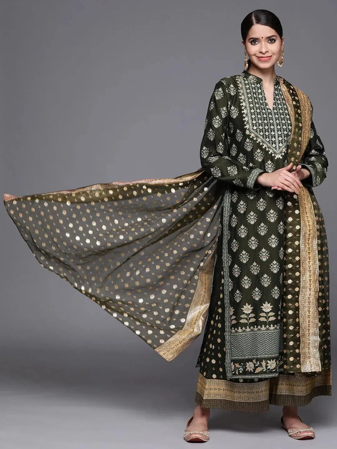 Green Printed Silk Blend Suit Set - Libas