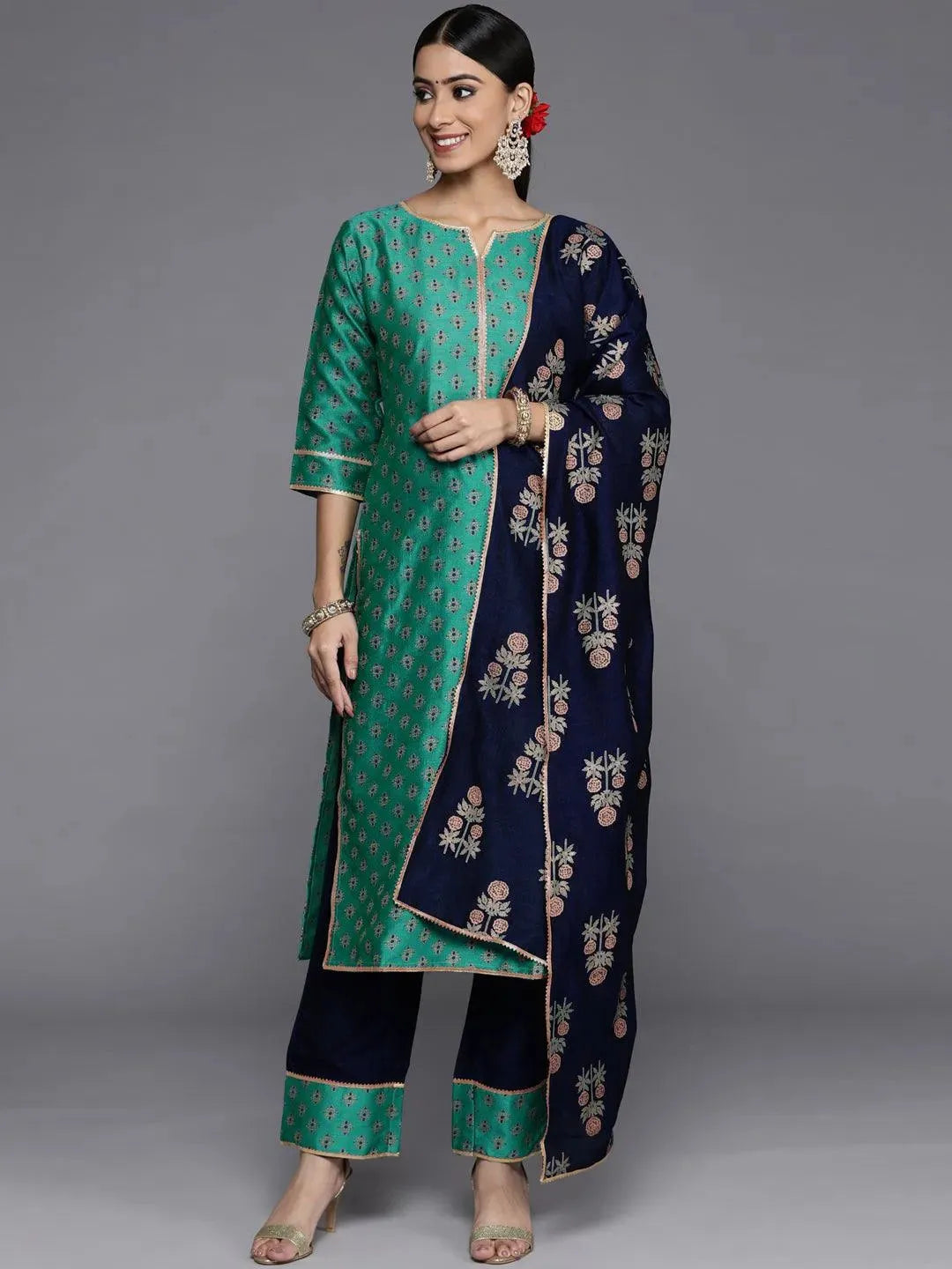 Green Printed Silk Blend Straight Suit Set With Trousers - Libas