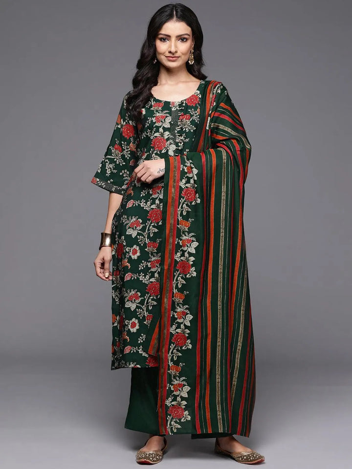 Green Printed Silk Blend Straight Kurta With Palazzos & Dupatta - Libas