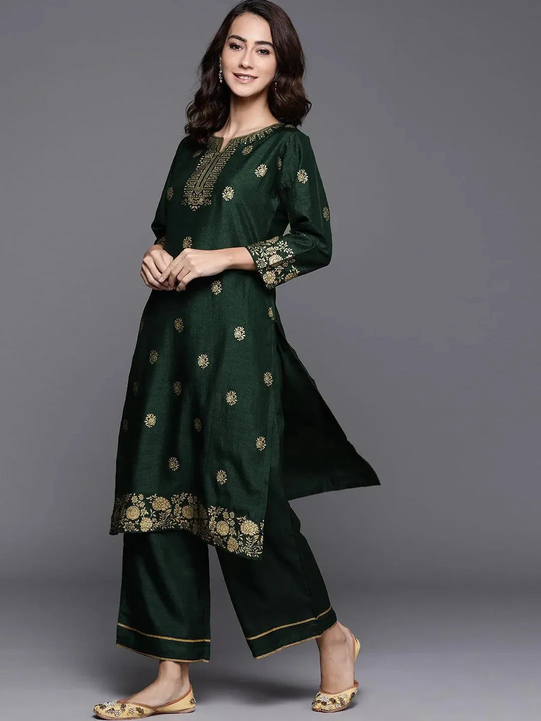 Green Printed Silk Blend Suit Set - Libas 