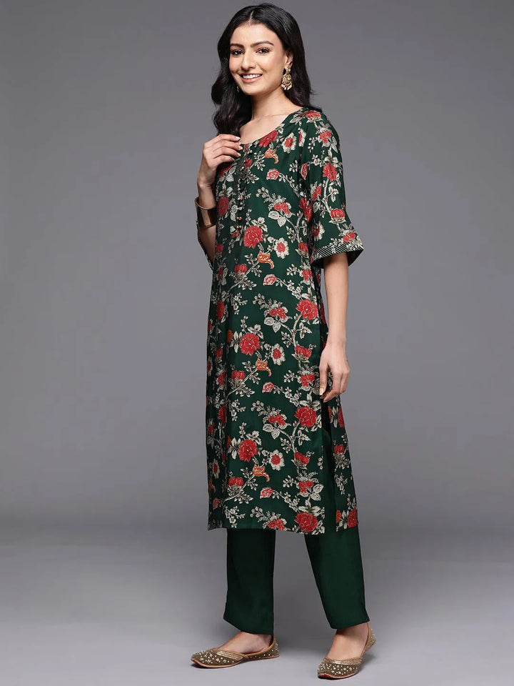 Green Printed Silk Blend Straight Kurta With Palazzos & Dupatta - Libas