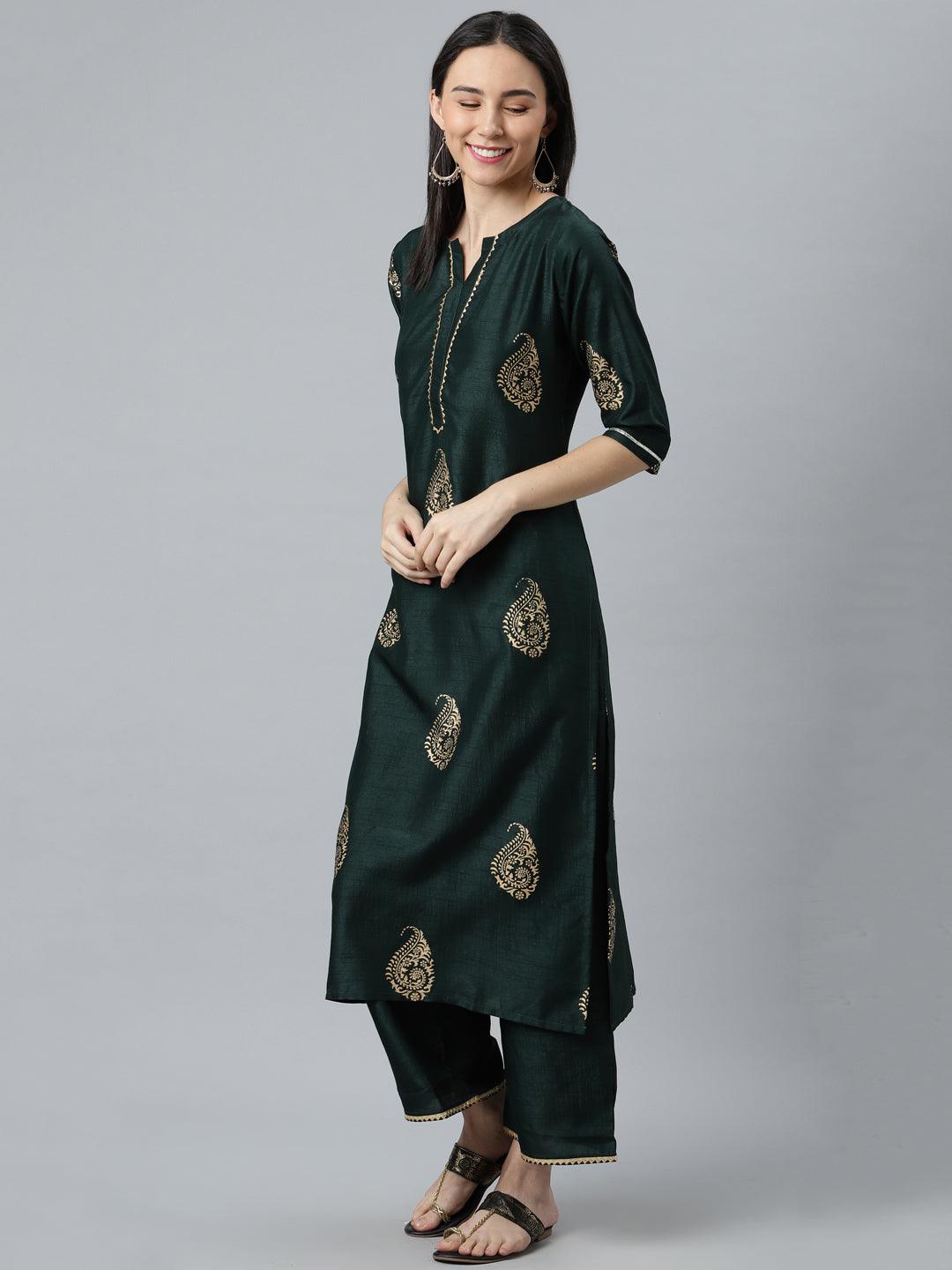 Green Printed Silk Blend Suit Set - Libas