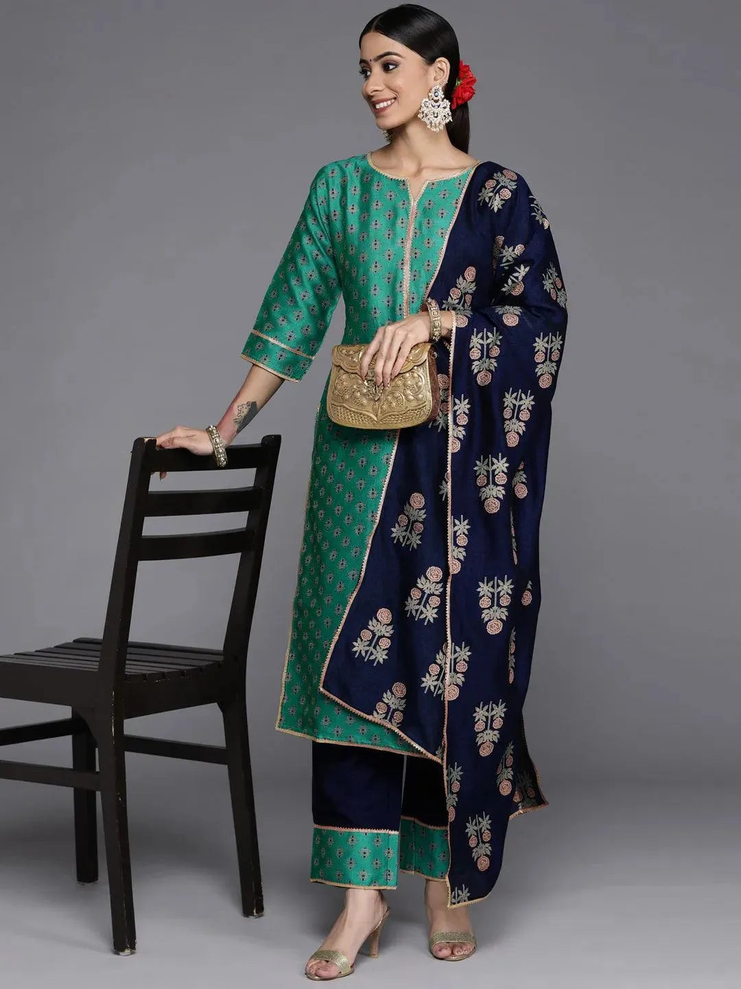 Green Printed Silk Blend Straight Suit Set With Trousers - Libas 