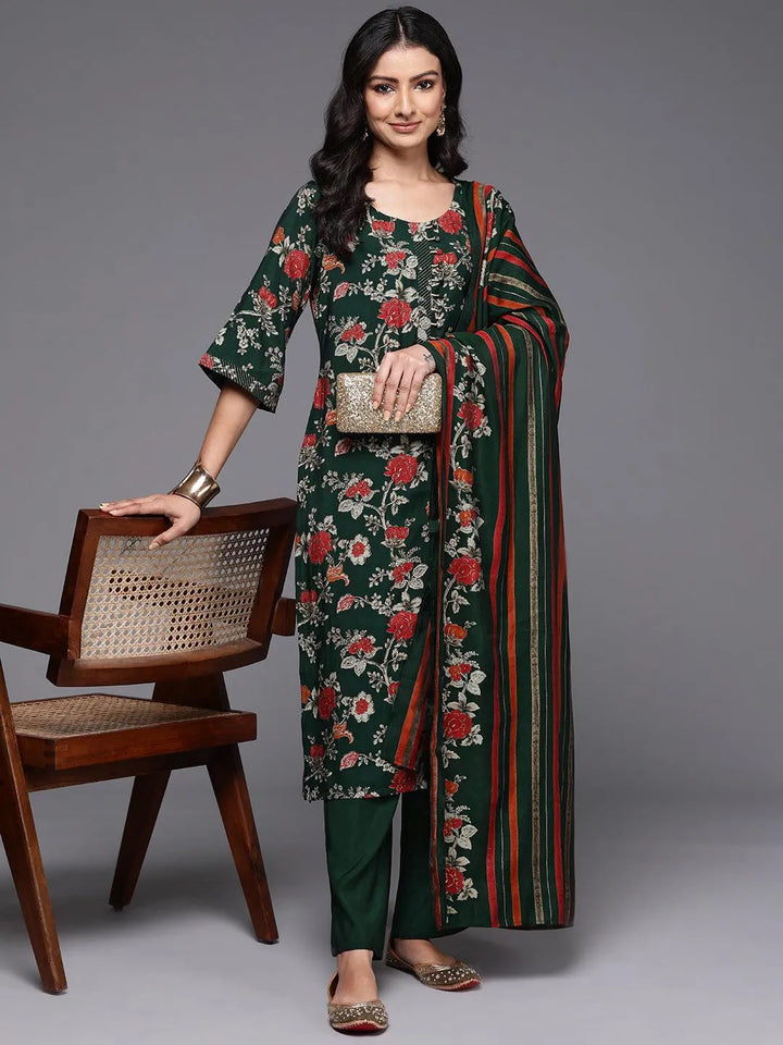 Green Printed Silk Blend Straight Kurta With Palazzos & Dupatta - Libas