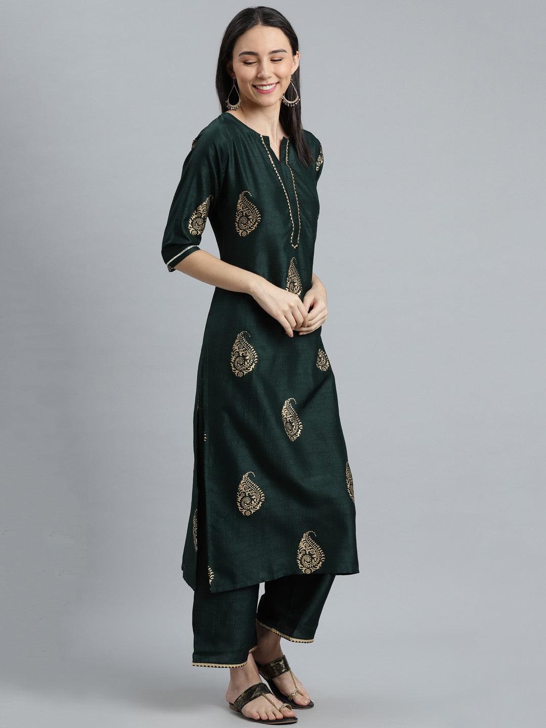 Green Printed Silk Blend Straight Kurta With Palazzos & Dupatta