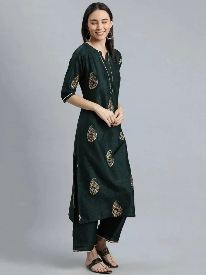 Green Printed Silk Blend Suit Set - Libas