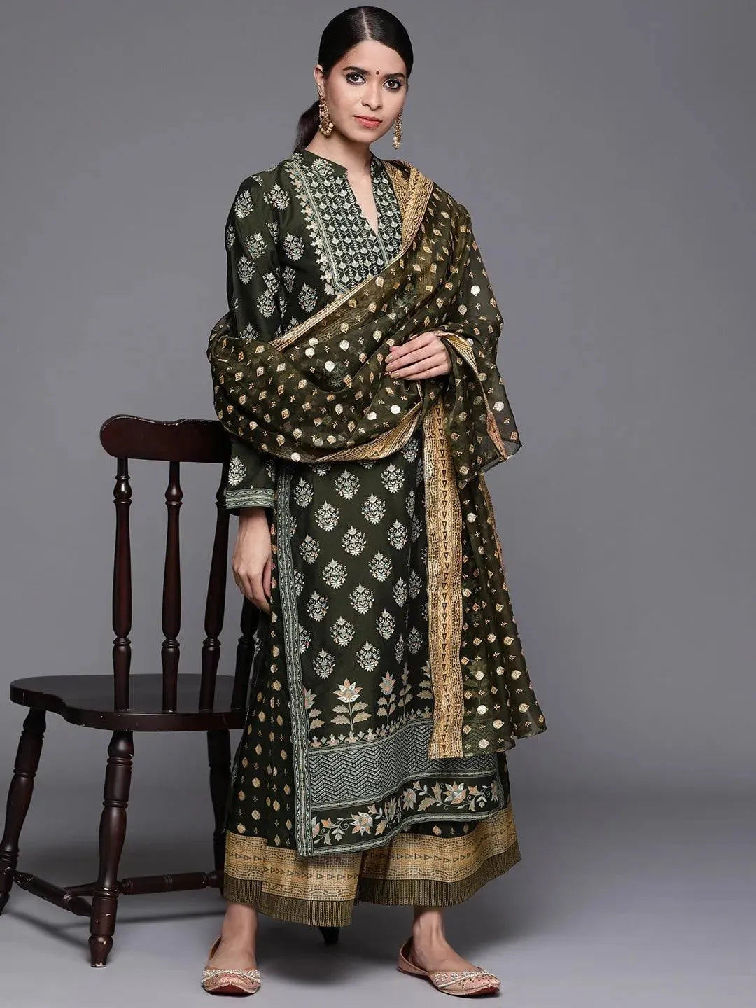 Green Printed Silk Blend Suit Set - Libas