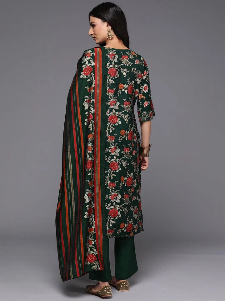 Green Printed Silk Blend Straight Kurta With Palazzos & Dupatta - Libas