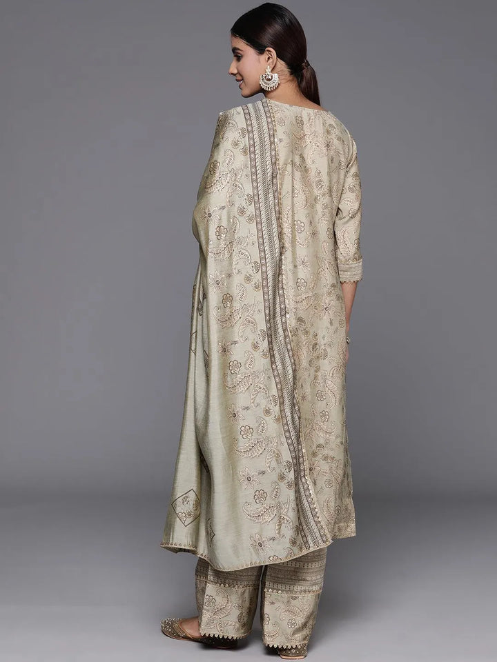 Green Printed Silk Blend Straight Kurta With Palazzos & Dupatta - Libas
