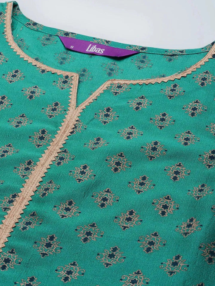 Green Printed Silk Blend Straight Suit Set With Trousers - Libas