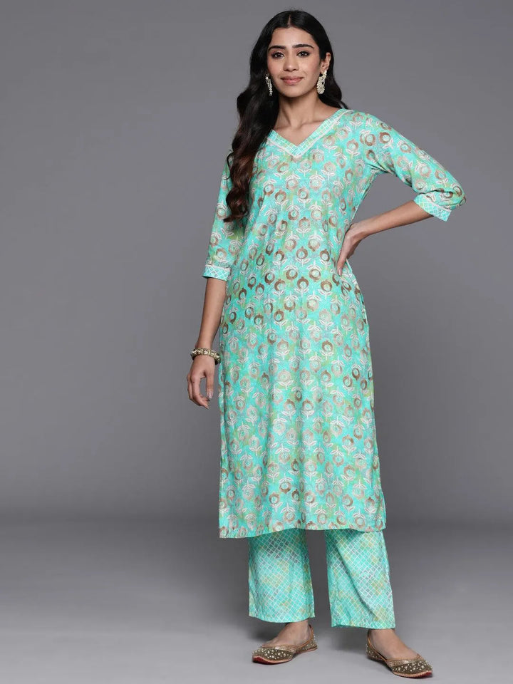 Green Printed Silk Blend Straight Kurta With Palazzos - Libas