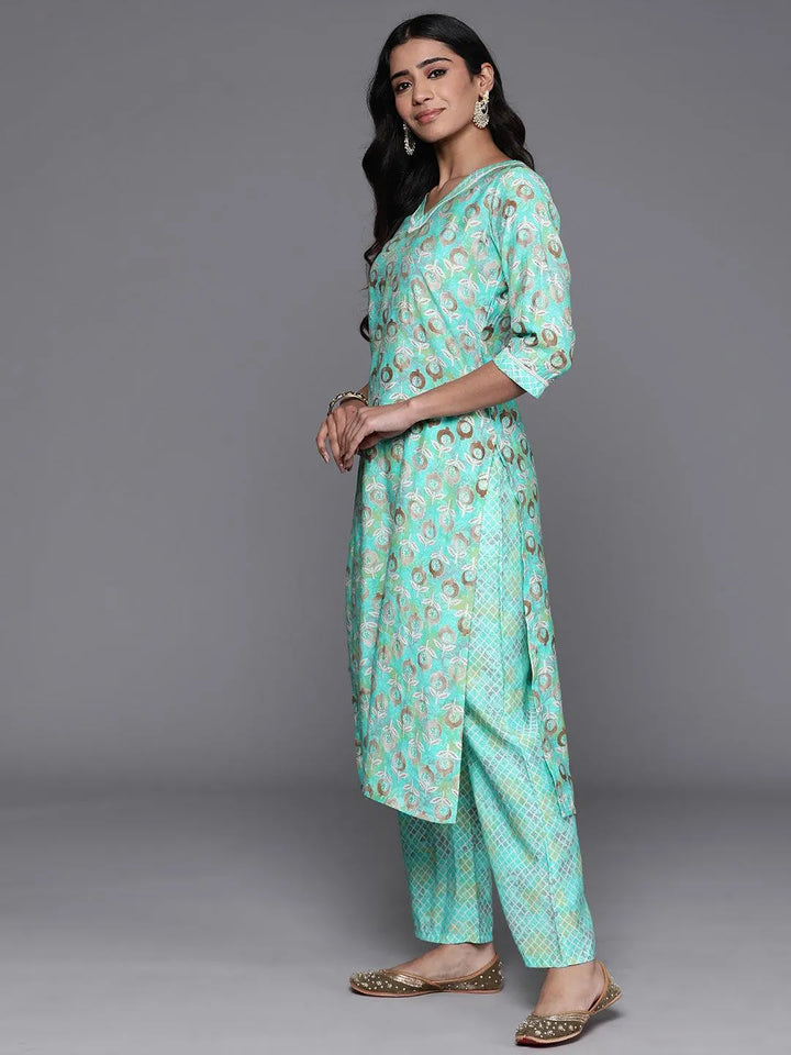 Green Printed Silk Blend Straight Kurta With Palazzos - Libas