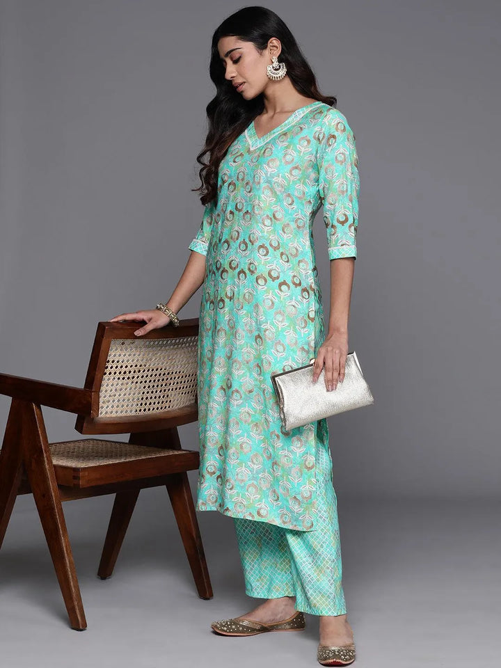 Green Printed Silk Blend Straight Kurta With Palazzos - Libas