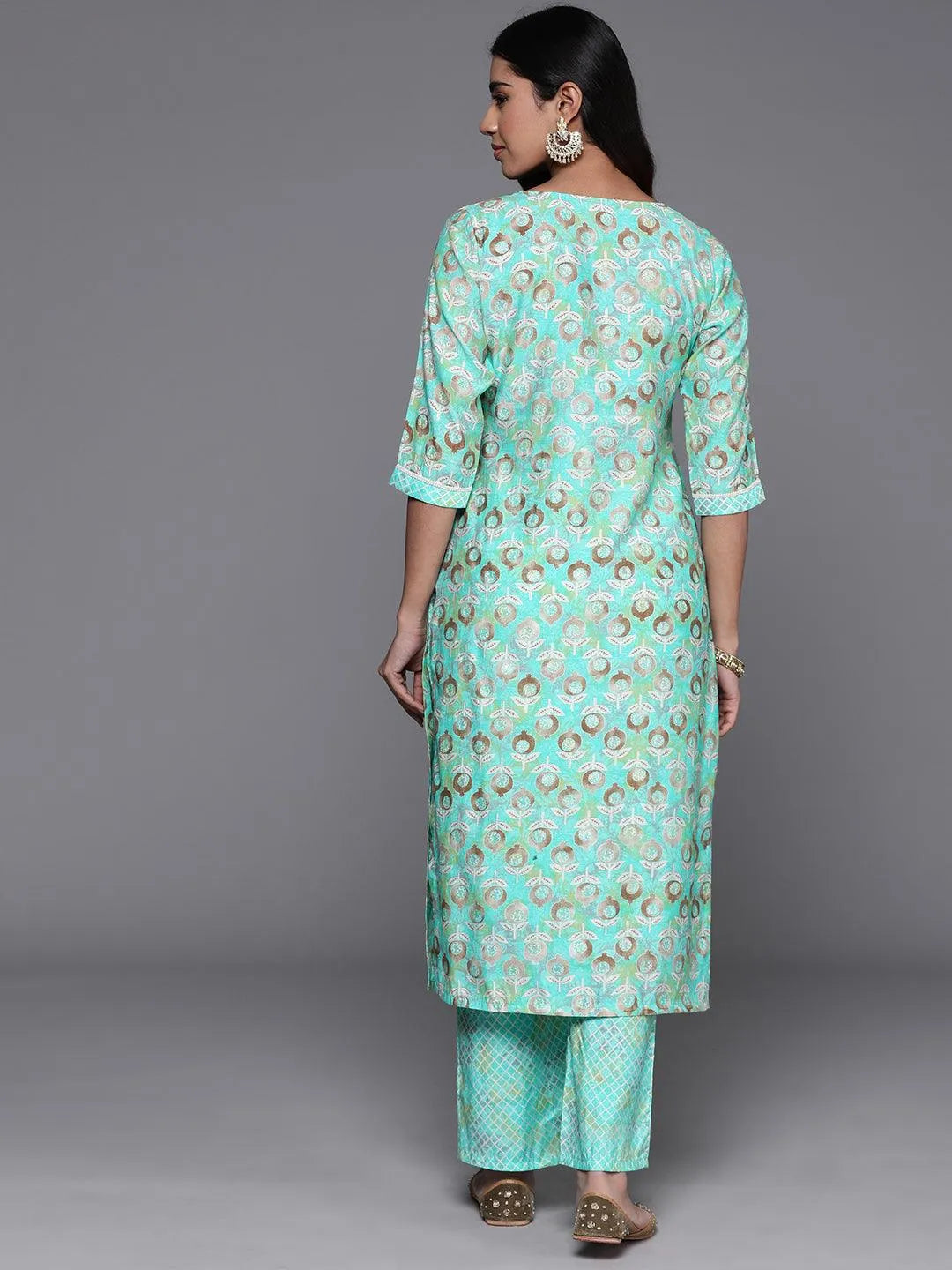 Green Printed Silk Blend Straight Kurta With Palazzos - Libas 