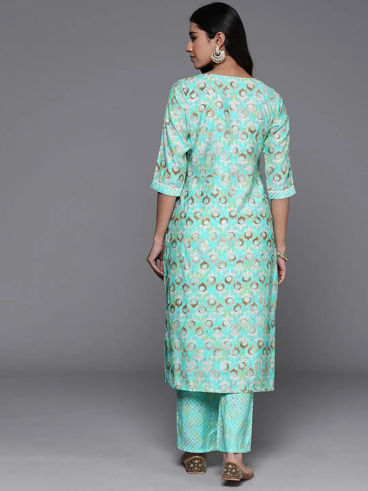Green Printed Silk Blend Straight Kurta With Palazzos - Libas