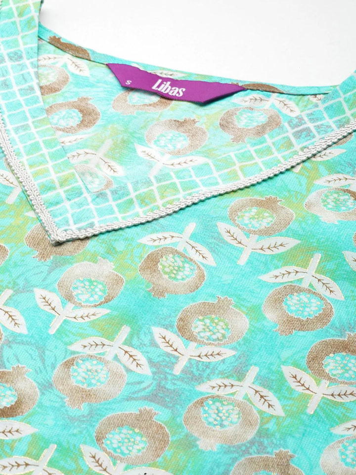 Green Printed Silk Blend Straight Kurta With Palazzos - Libas