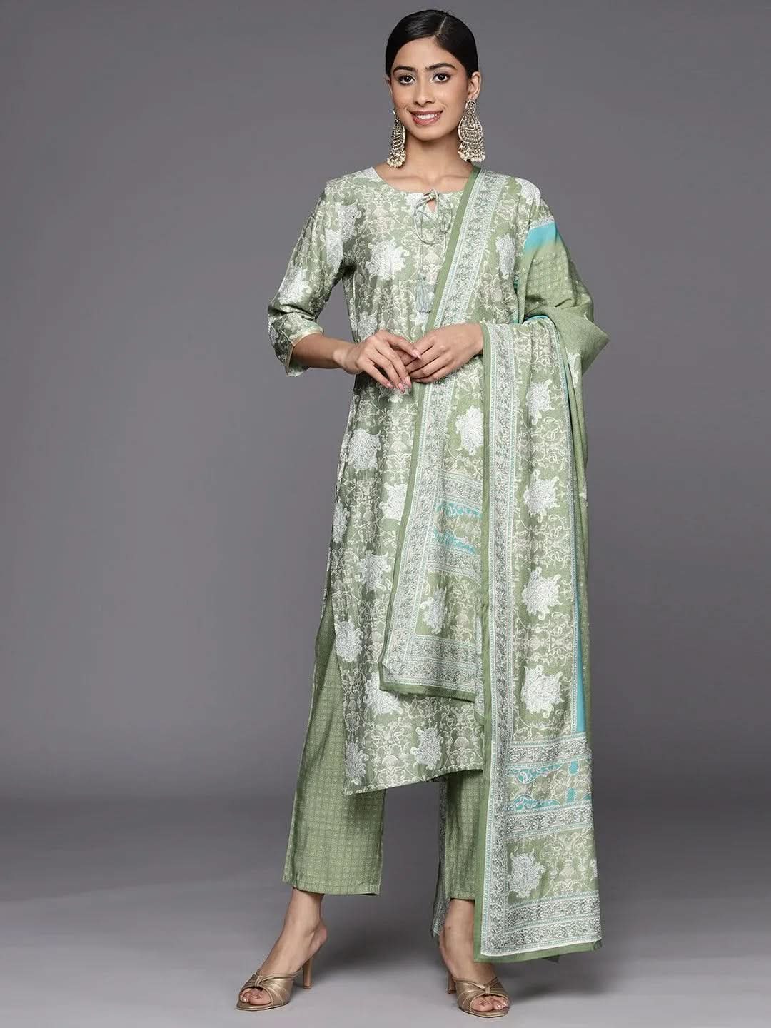 libas Green Printed Silk Blend Straight Kurta With Trousers & Dupatta-picture-64