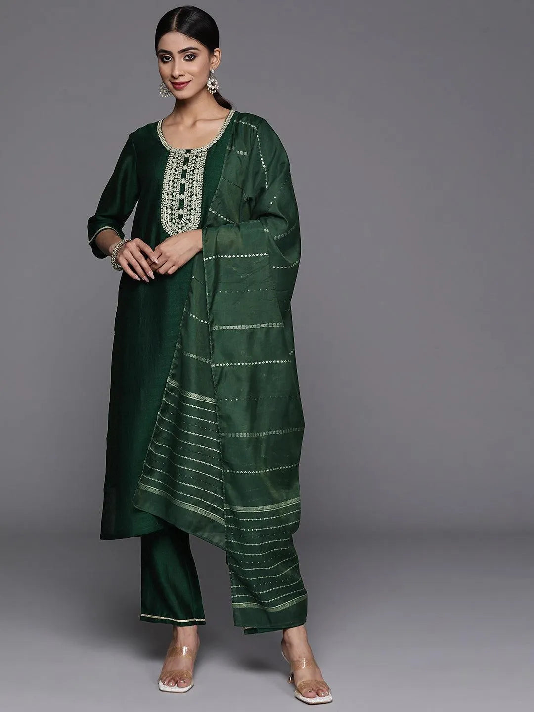 Green Printed Silk Blend Straight Kurta With Trousers & Dupatta - Libas