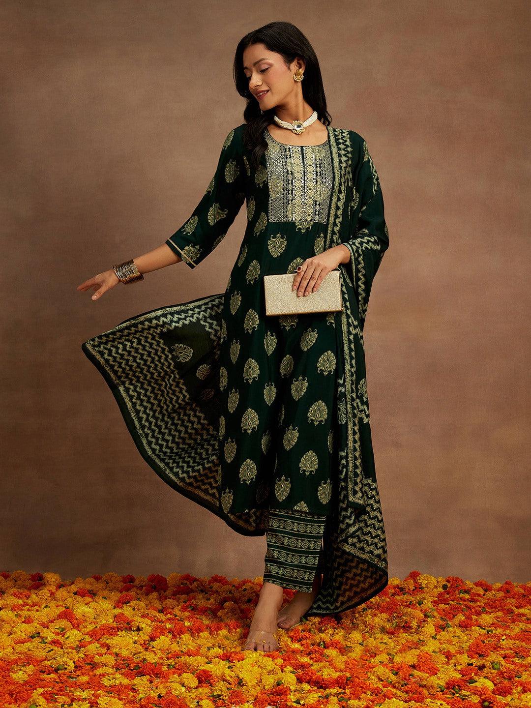Green Printed Silk Blend Straight Suit With Dupatta