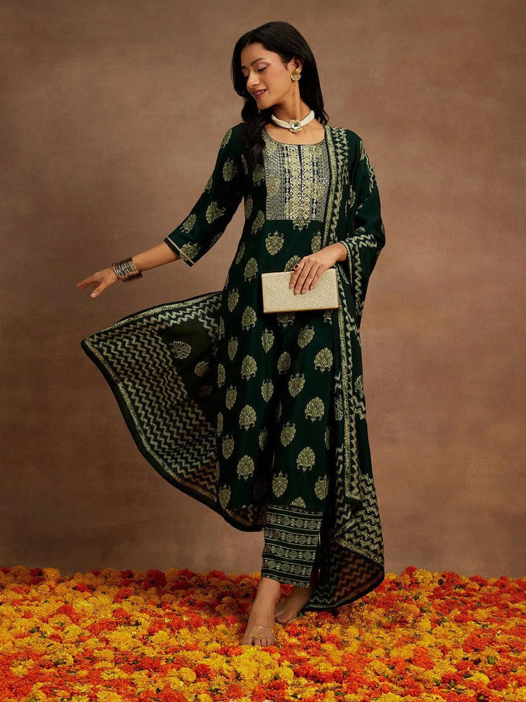 Libas Green Printed Silk Blend Straight Suit With Dupatta