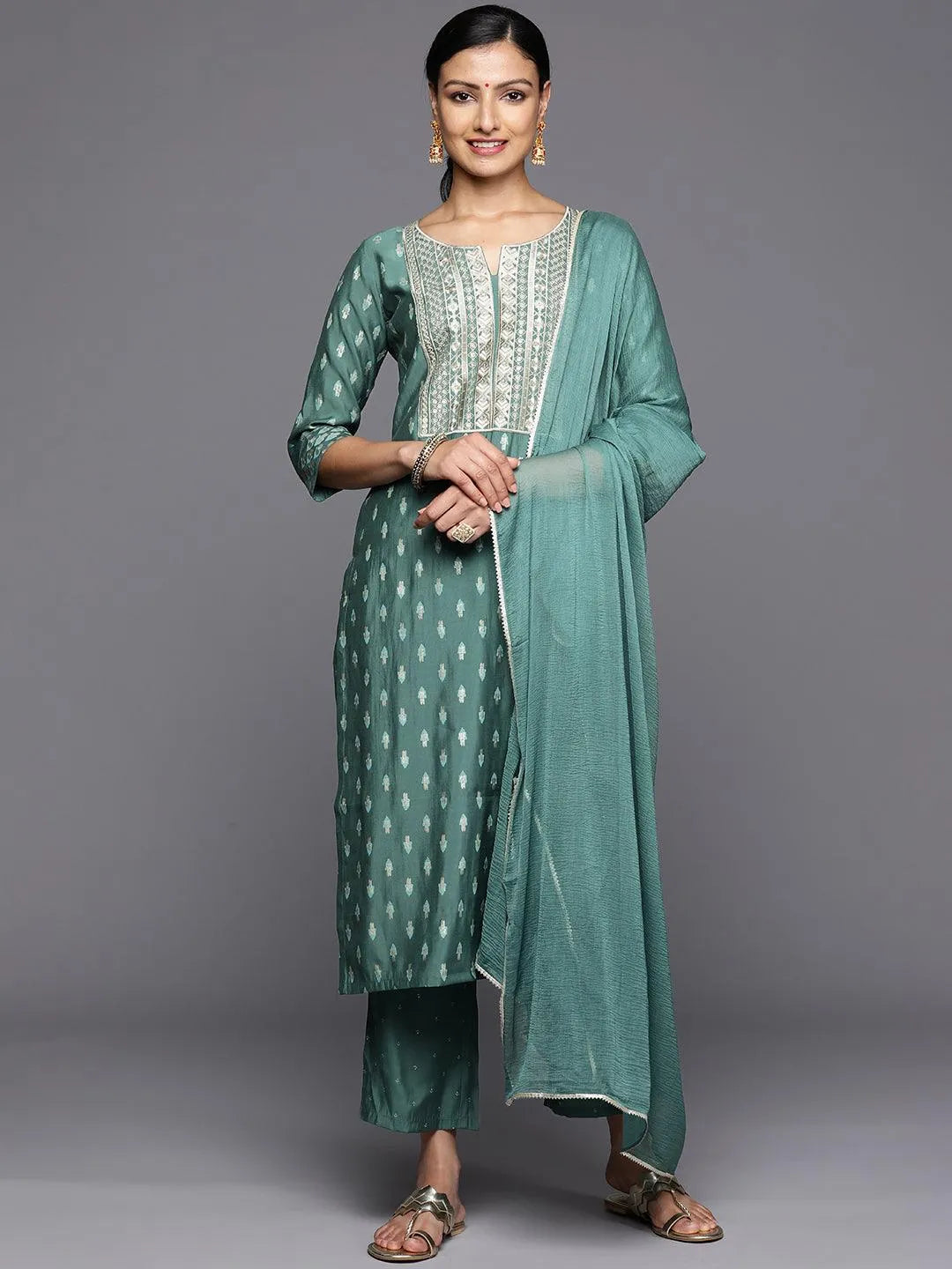 Green Printed Silk Blend Straight Kurta With Trousers & Dupatta - Libas 
