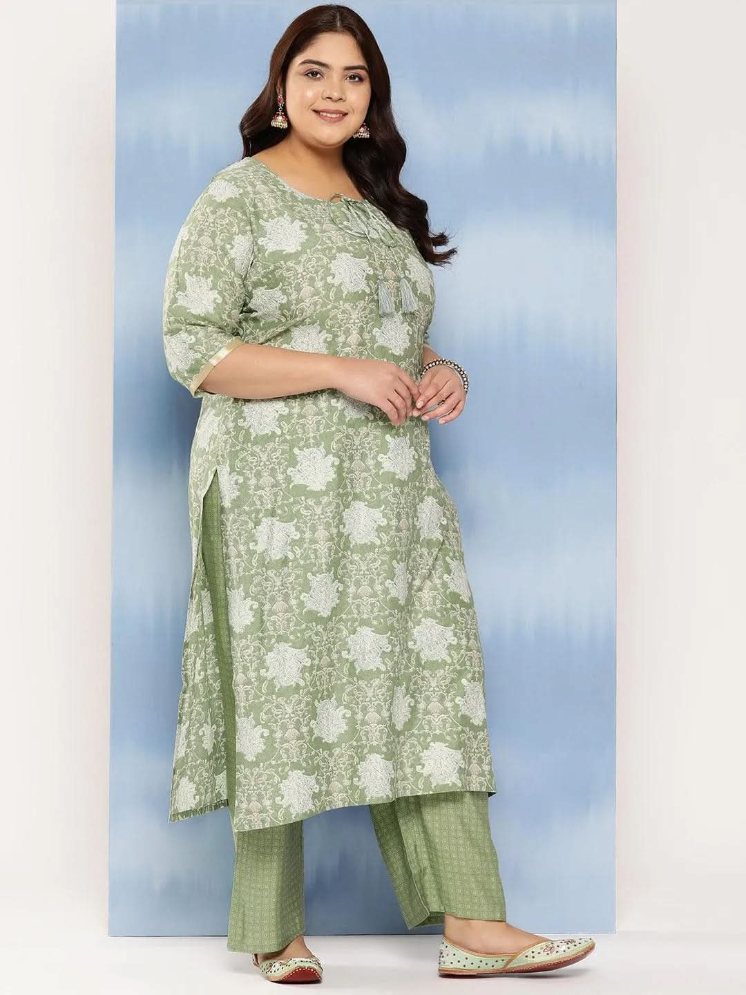 Green Printed Silk Blend Straight Kurta With Trousers and Dupatta - Libas 