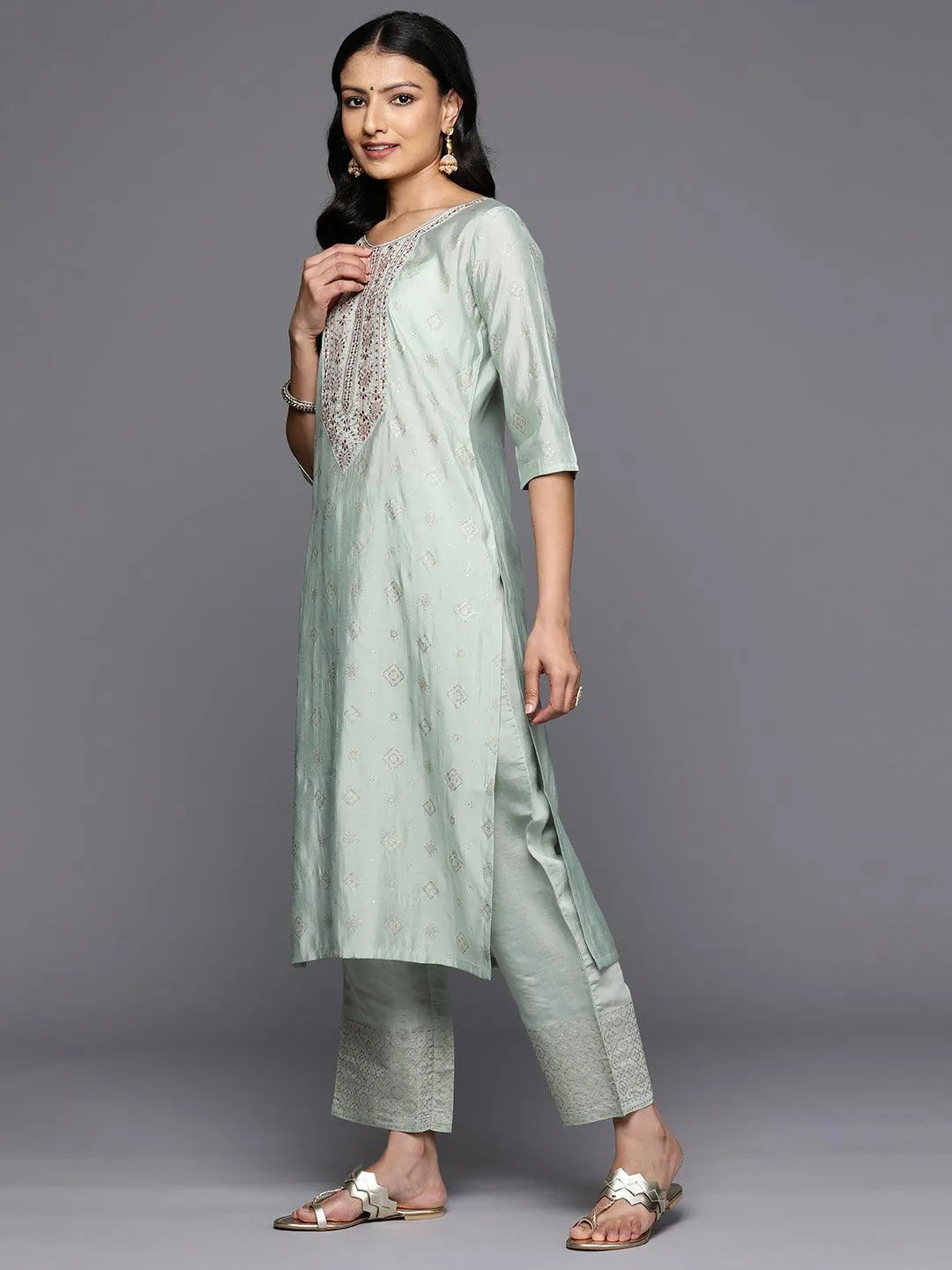 Green Printed Silk Blend Straight Kurta With Trousers & Dupatta - Libas 