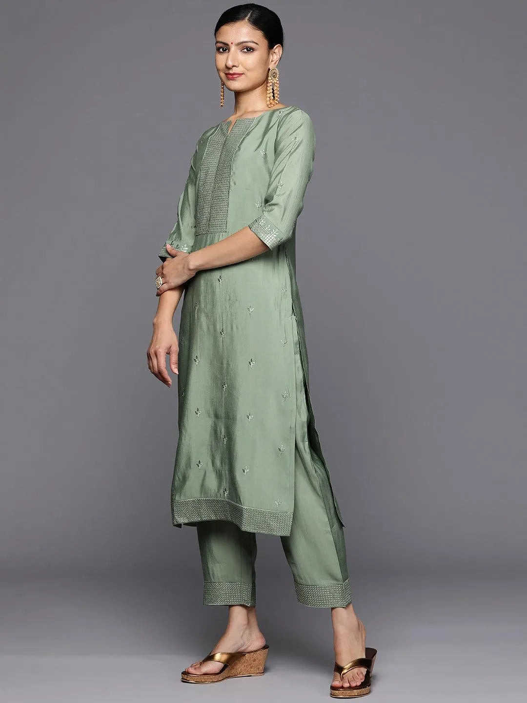 Green Printed Silk Blend Straight Kurta With Trousers & Dupatta - Libas 