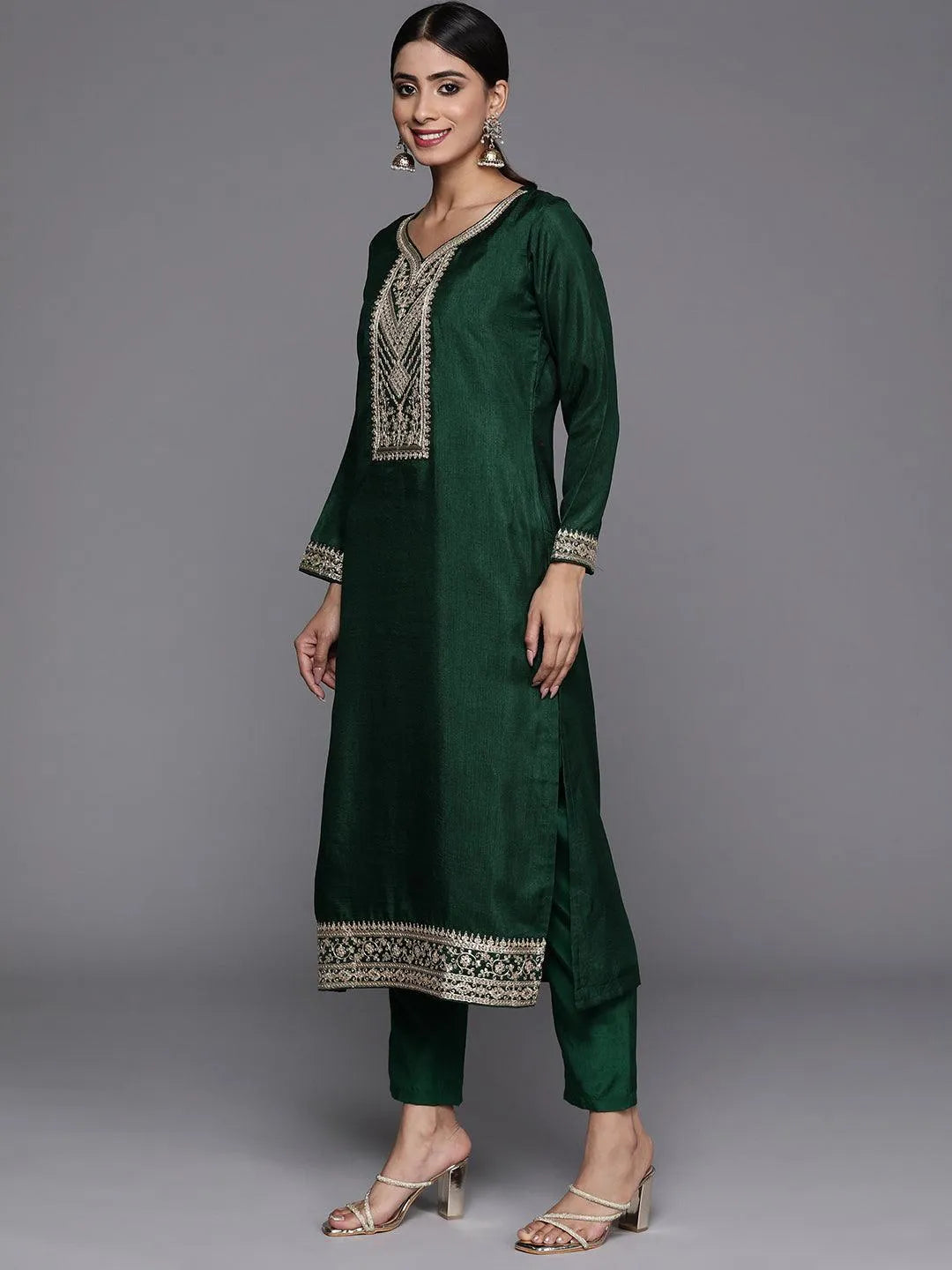 Green Printed Silk Blend Straight Kurta With Trousers & Dupatta - Libas 