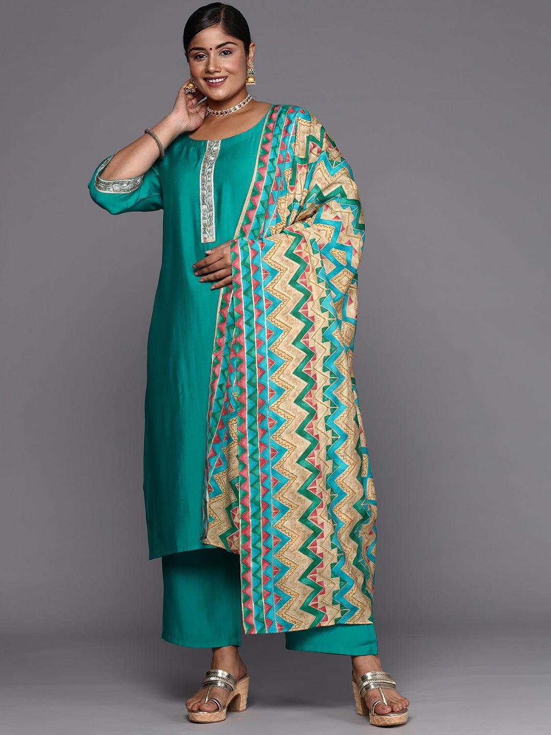 Plus Size Green Printed Silk Blend Straight Suit With Dupatta
