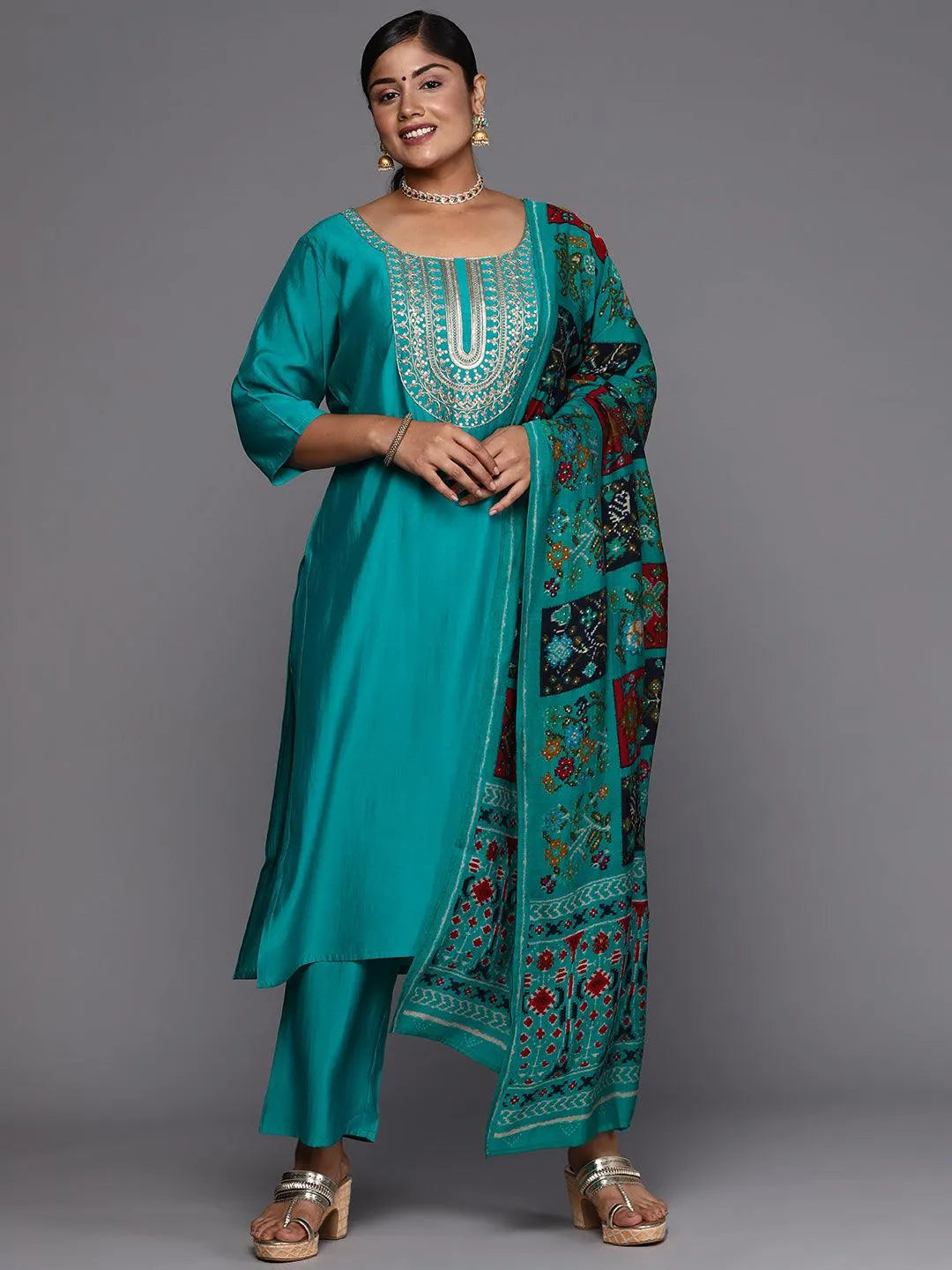 Green Printed Silk Blend Straight Kurta With Trousers & Dupatta - Libas