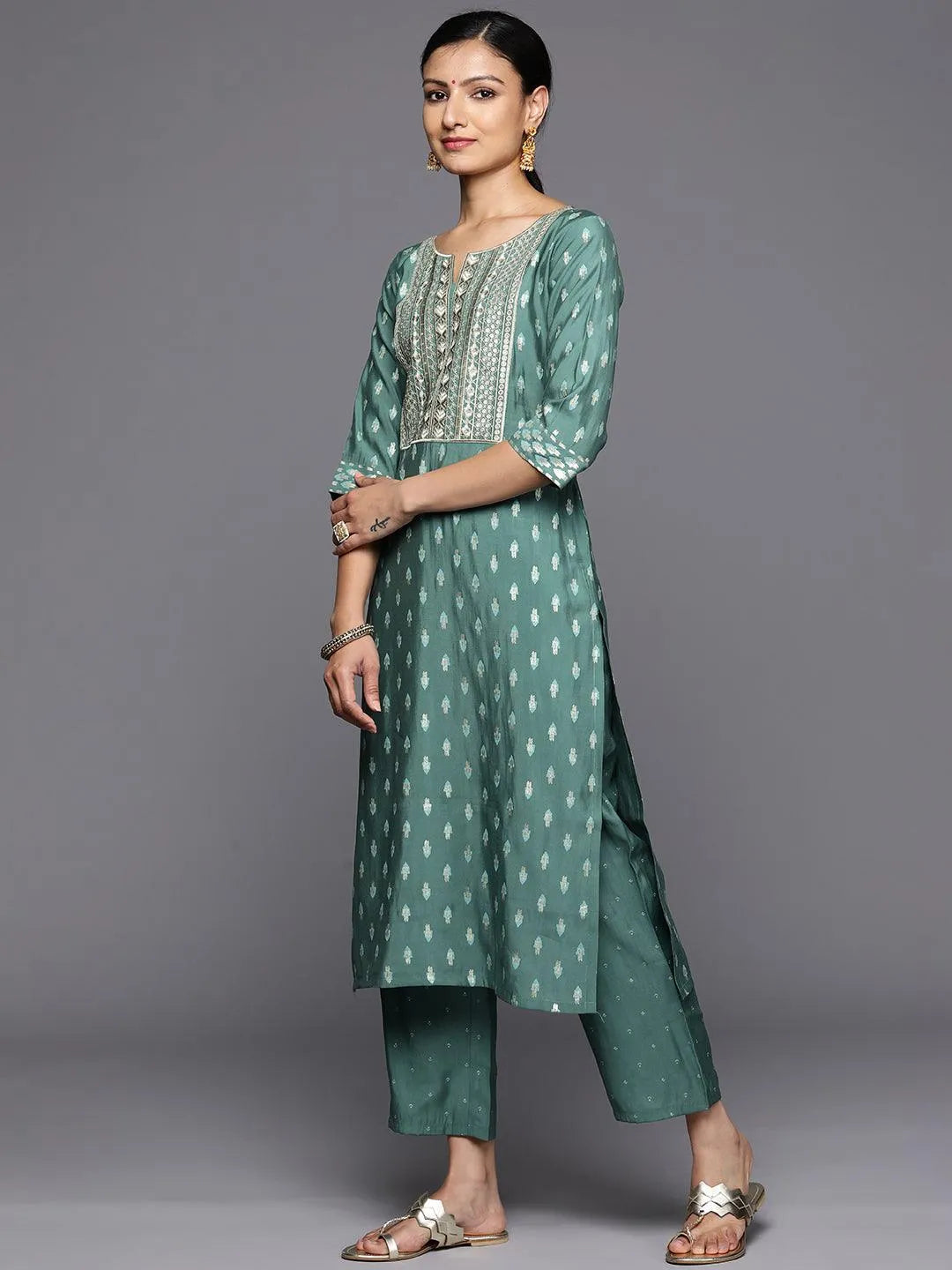 Green Printed Silk Blend Straight Kurta With Trousers & Dupatta - Libas 