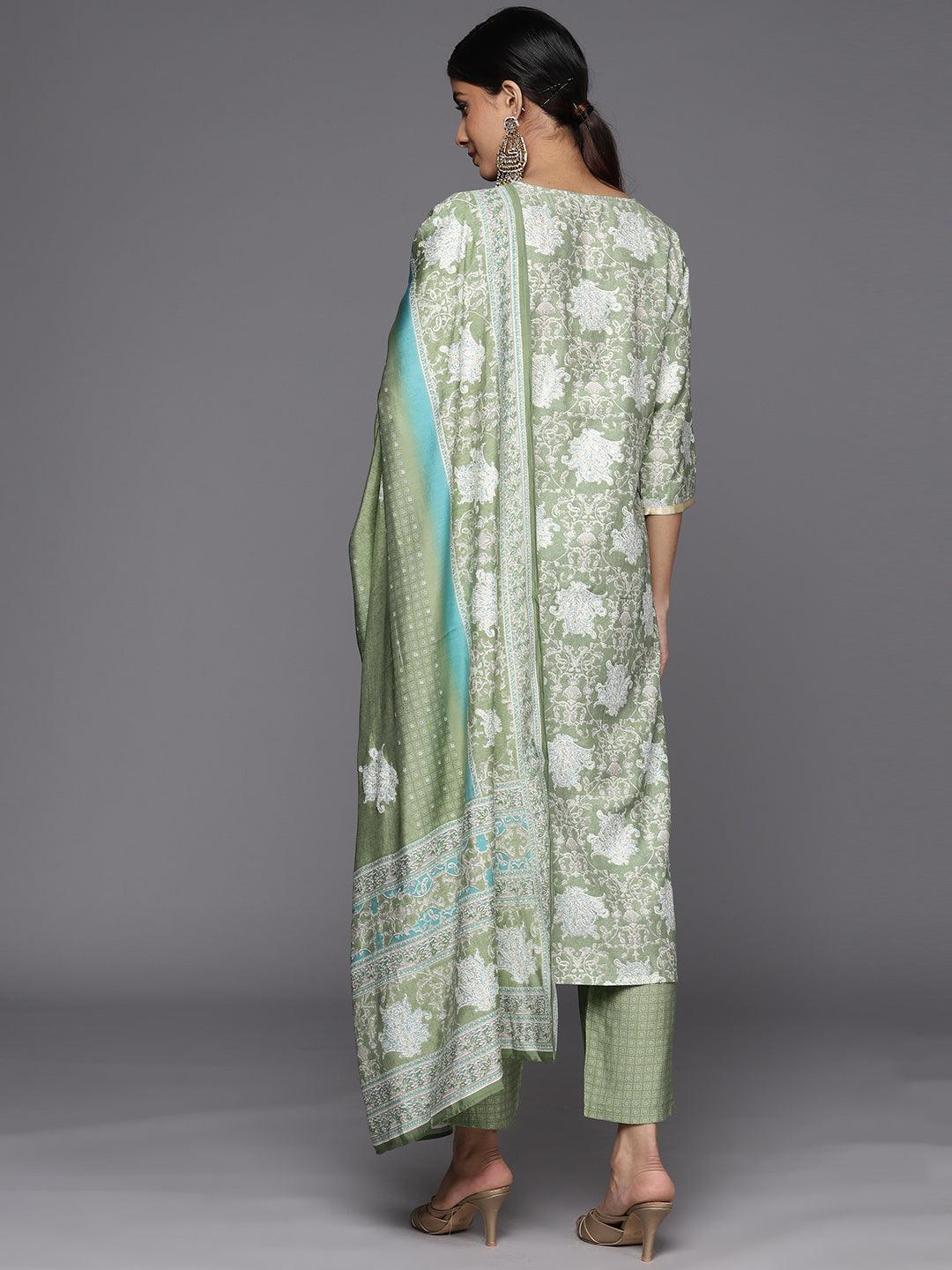 Green Printed Silk Blend Straight Kurta With Trousers & Dupatta