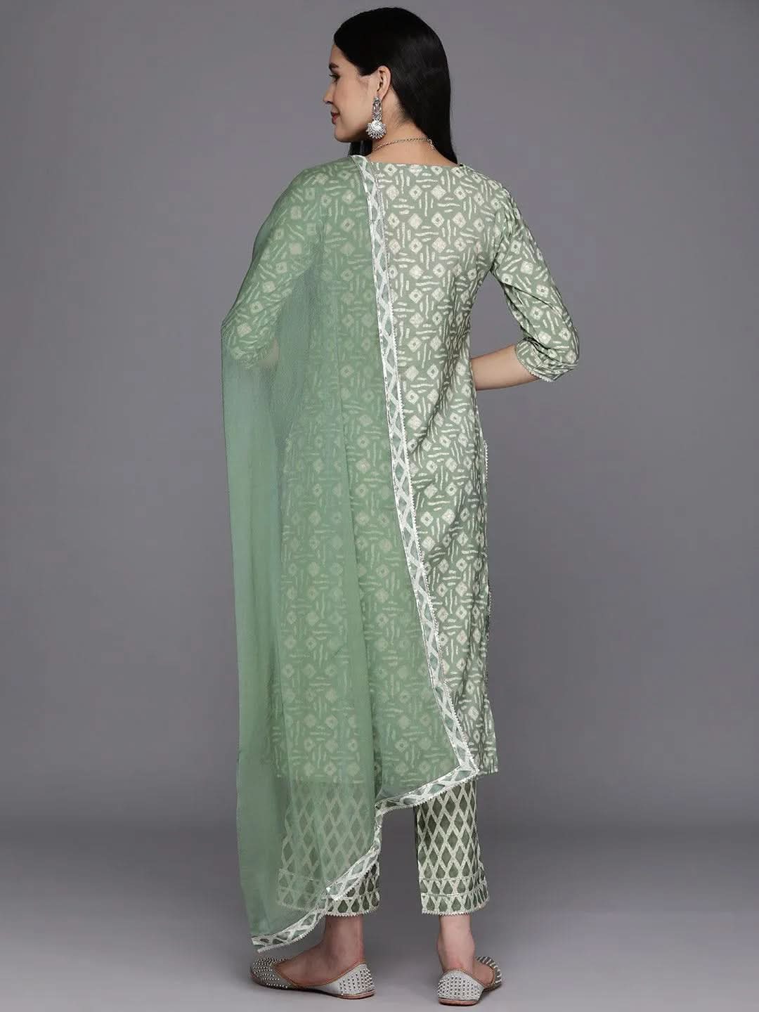 Green Printed Silk Blend Straight Suit Set With Trousers - Libas 