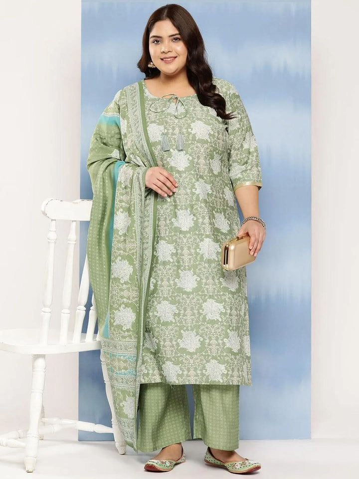 Green Printed Silk Blend Straight Kurta With Trousers and Dupatta - Libas