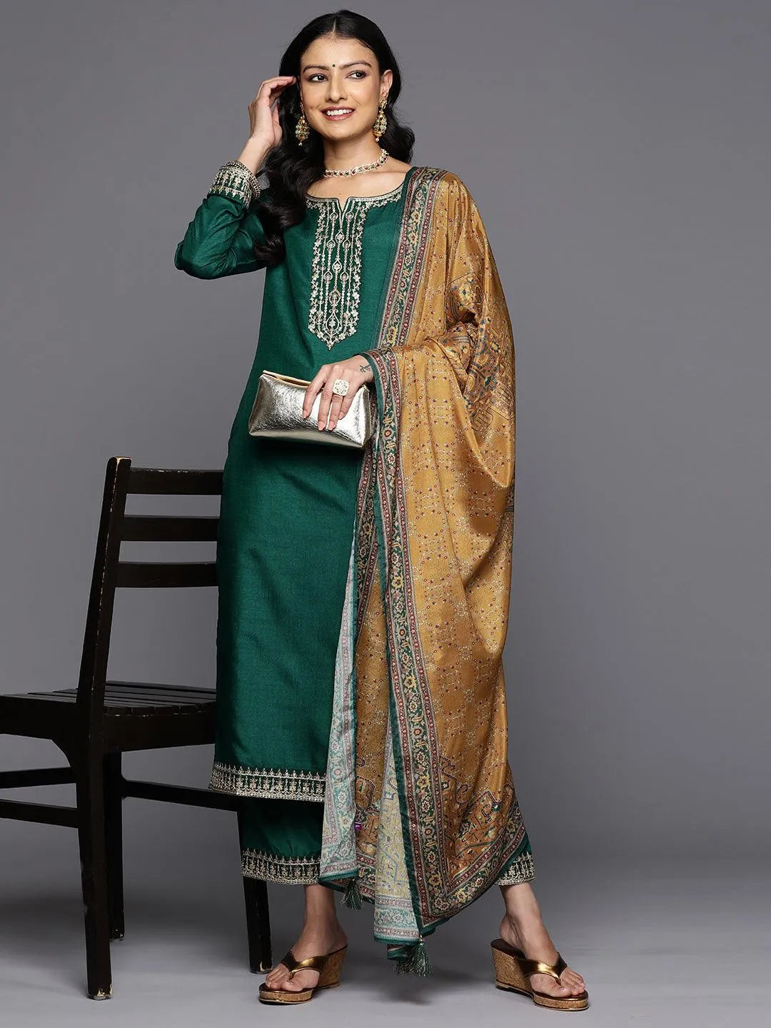 Green Printed Silk Blend Straight Kurta With Trousers & Dupatta - Libas 