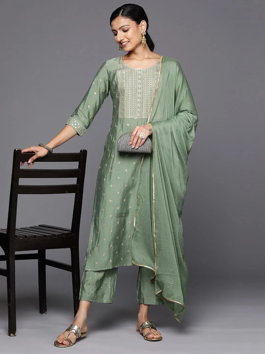Green Printed Silk Blend Straight Kurta With Trousers & Dupatta - Libas 