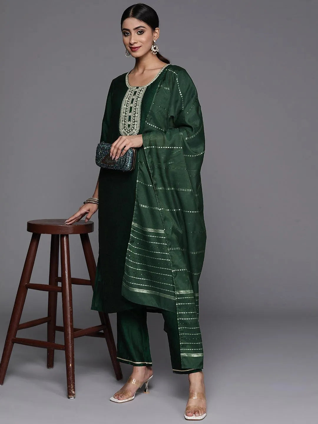 Green Printed Silk Blend Straight Kurta With Trousers & Dupatta - Libas 