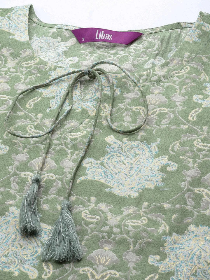 Green Printed Silk Blend Straight Suit Set With Trousers - Libas