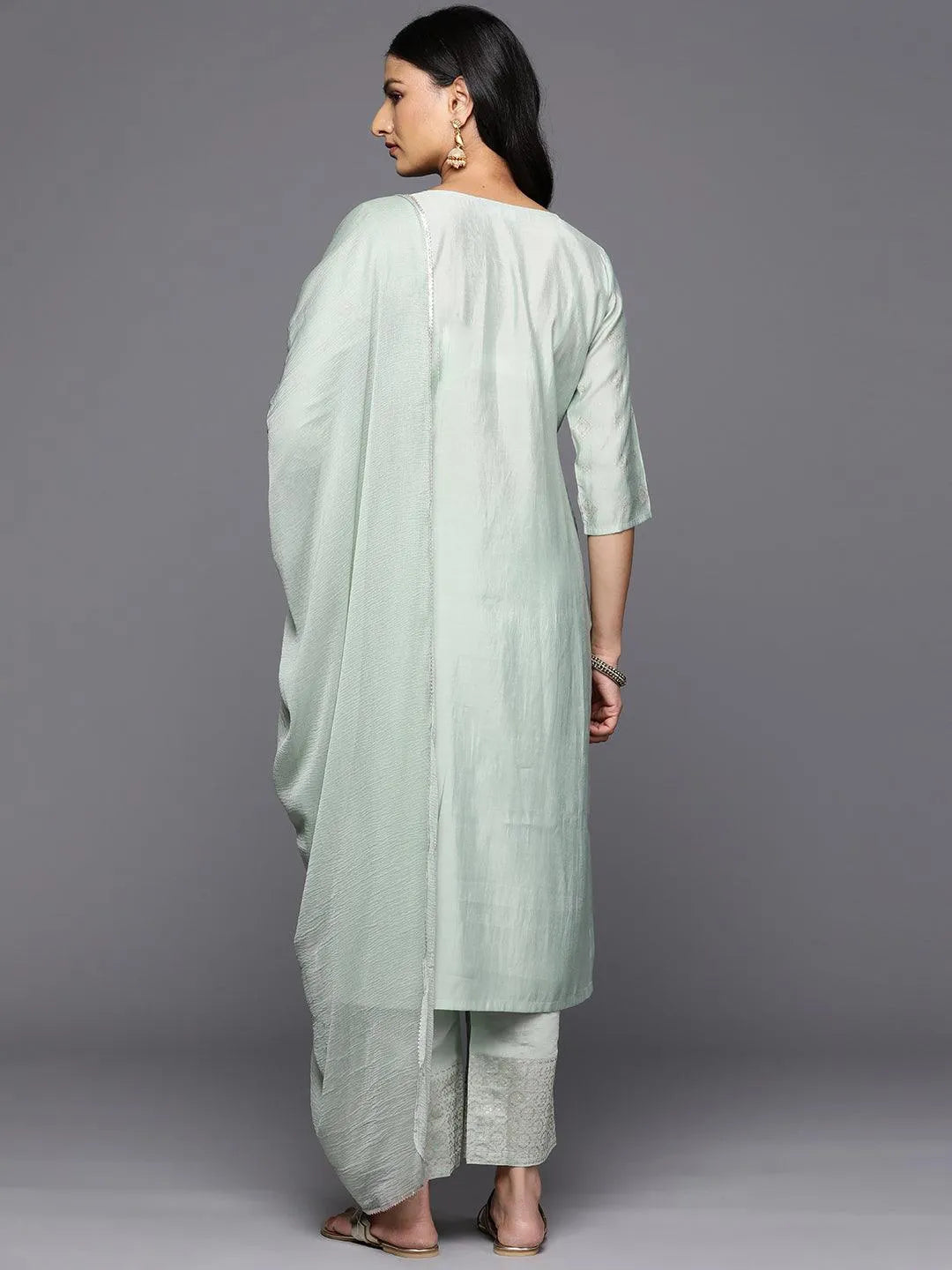 Green Printed Silk Blend Straight Kurta With Trousers & Dupatta - Libas 