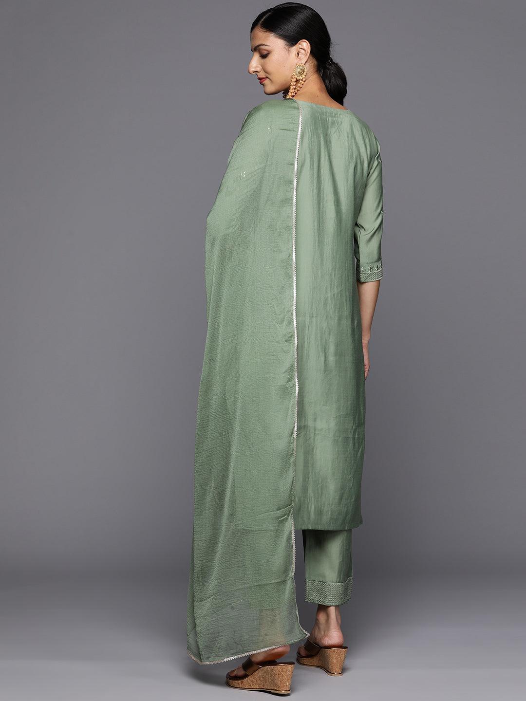 Green Printed Silk Blend Straight Kurta With Trousers & Dupatta - Libas