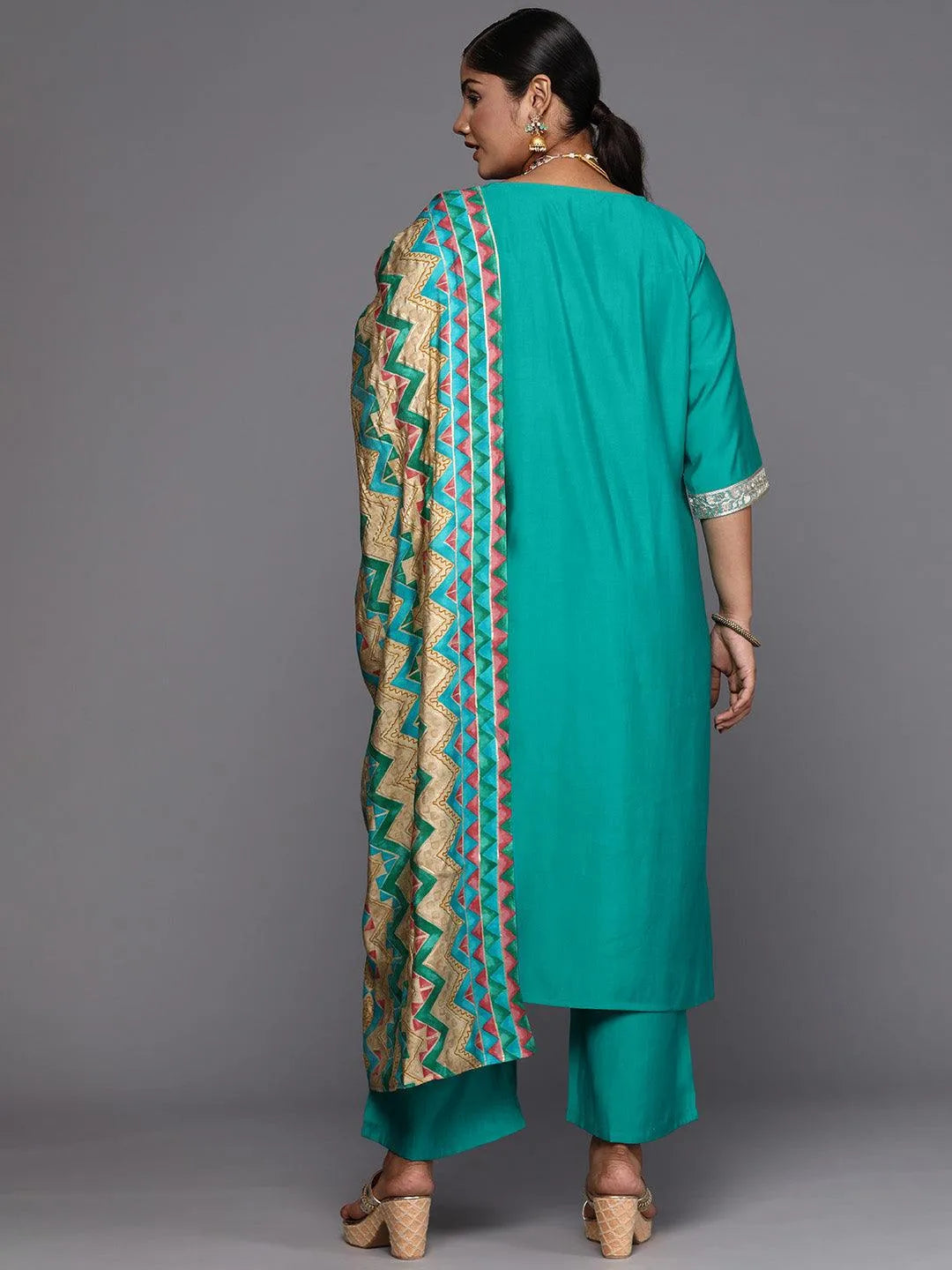Green Printed Silk Blend Straight Kurta With Trousers & Dupatta - Libas 